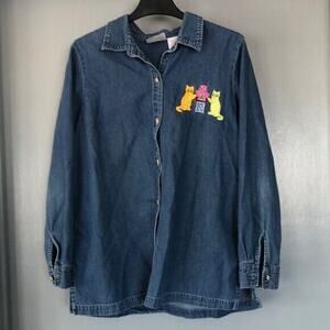 Women Size Large Denim Chambray Shirt Embroidered Cats Tulips Long Sleeved Blair